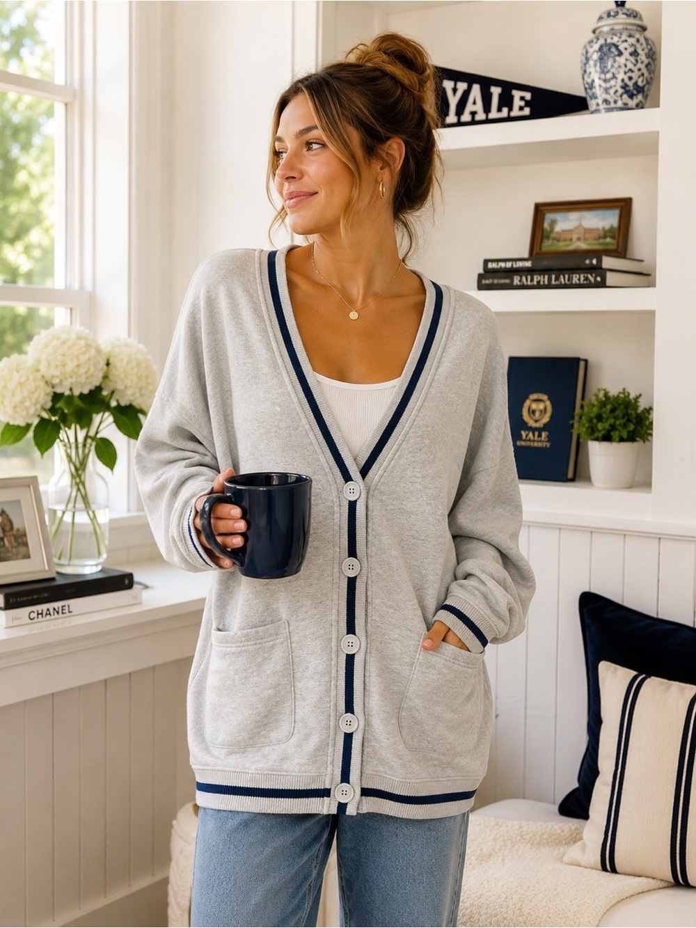 GAP Oversized Varsity Fleece Cardigan Sweater Gray Navy Trim Size Large